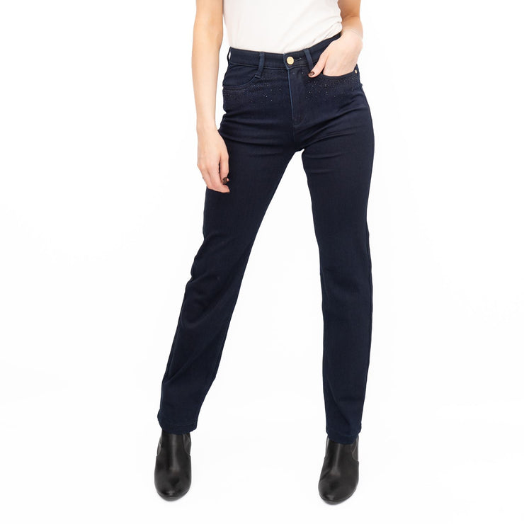 M&S Womens Jeans High Waisted Embellished Sparkle Stretch Straight Leg Indigo - Quality Brands Outlet