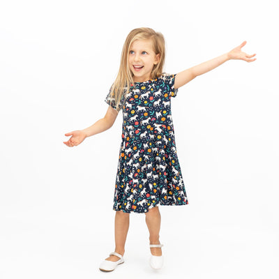 Frugi Girls Dress Skater Indigo Navy Wild Horses Pretty Cotton Short Sleeve - Quality Brands Outlet