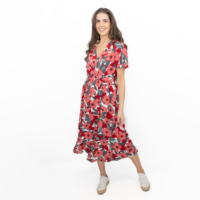 Seasalt Pink Birch Leaf Floral Short Sleeve Midi Dress-Quality Brands Outlet-