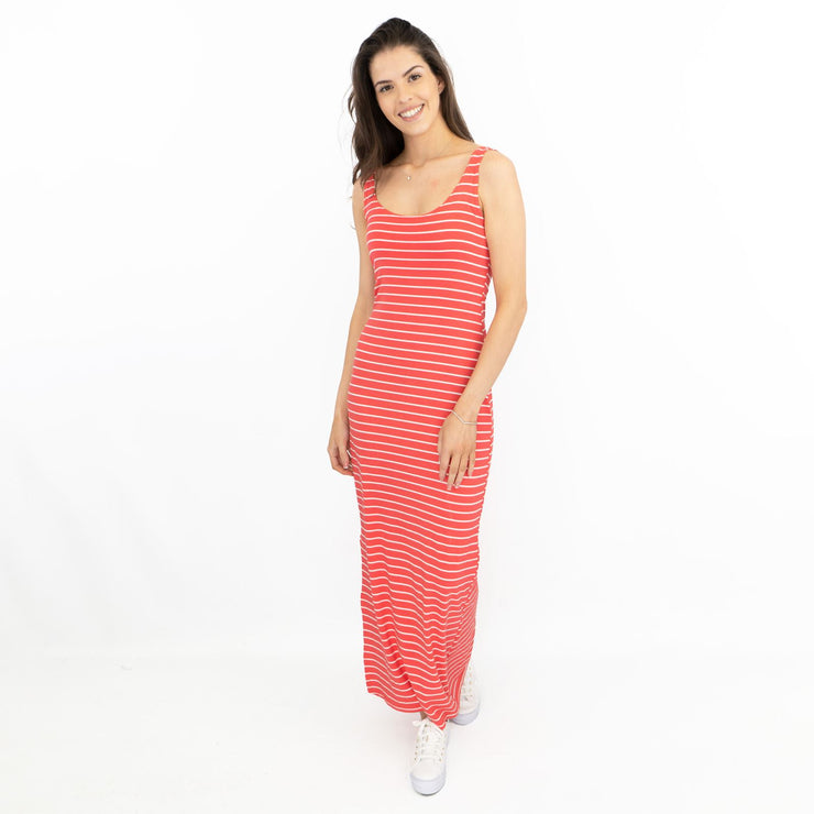 Karen Millen Red Stripe Scoop Neck Sleeveless Stretchy Maxi Long Slit Dresses