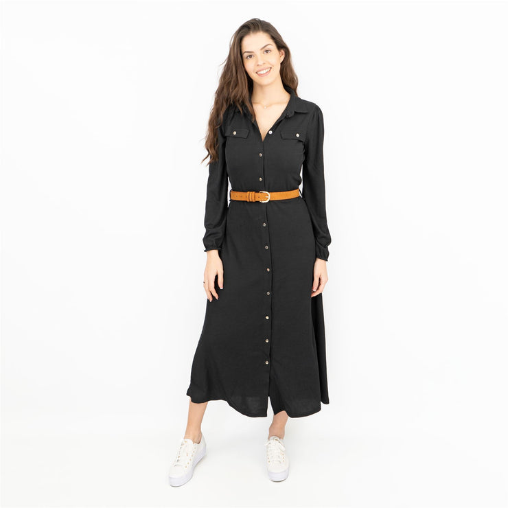 Oasis Ribbed Lightweight Long Sleeve Midi Length Black Shirt Dress