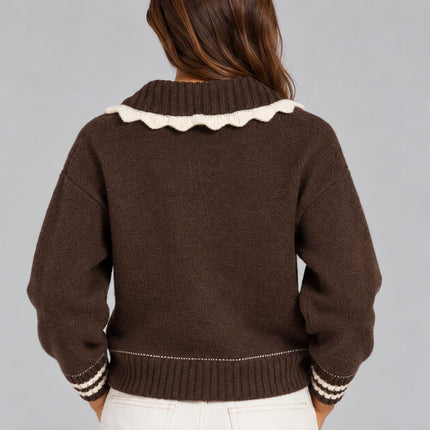 Womens Jumper Knitwear Chocolate Brown Scalloped Neck Collar