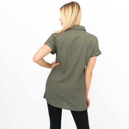 Womens Linen Tunic Khaki Green Short Sleeve Shirts-Quality Brands Outlet-