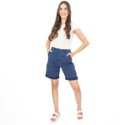 M&S Cargo Shorts Elastic Waist Cotton Lyocell Navy Blue Turn Up - Quality Brands Outlet