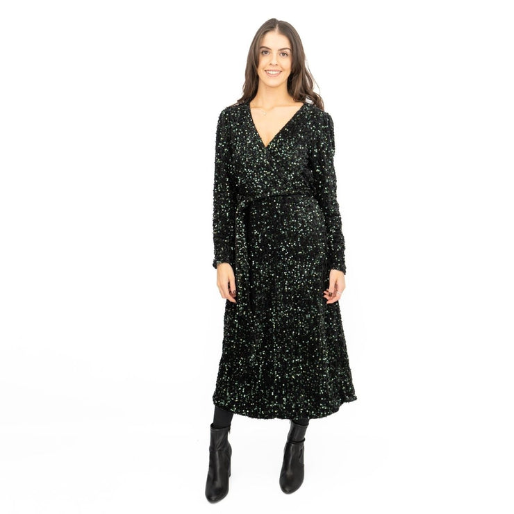 Velvet Sequin Wrap Midi Dress Sparkle Green - Quality Brands Outlet
