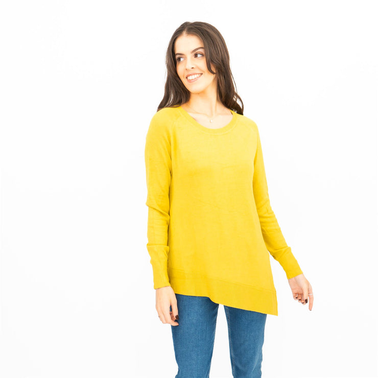 Evans Womens Asymmetric Top Mustard Longline Crew Neck Long Sleeve Relaxed Fit - Quality Brands Outlet