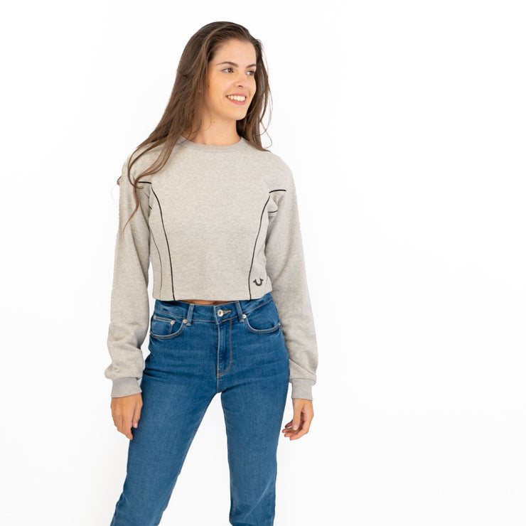 True Religion Grey Soft Cotton Sweatshirt Long Sleeve Crop Tops