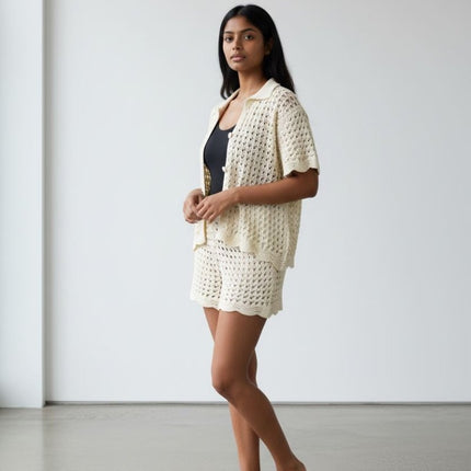 Crochet Co-Ord Knit Shorts Ivory Scalloped Hem-Quality Brands Outlet-