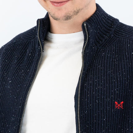 Crew Clothing Mens Chunky Knit Jacket Zip Up Navy Flecks - Quality Brands Outlet