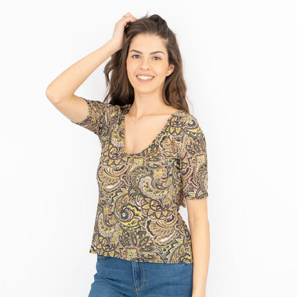Oasis Green Paisley Print V-Neck Short Sleeve Tops-Quality Brands Outlet-