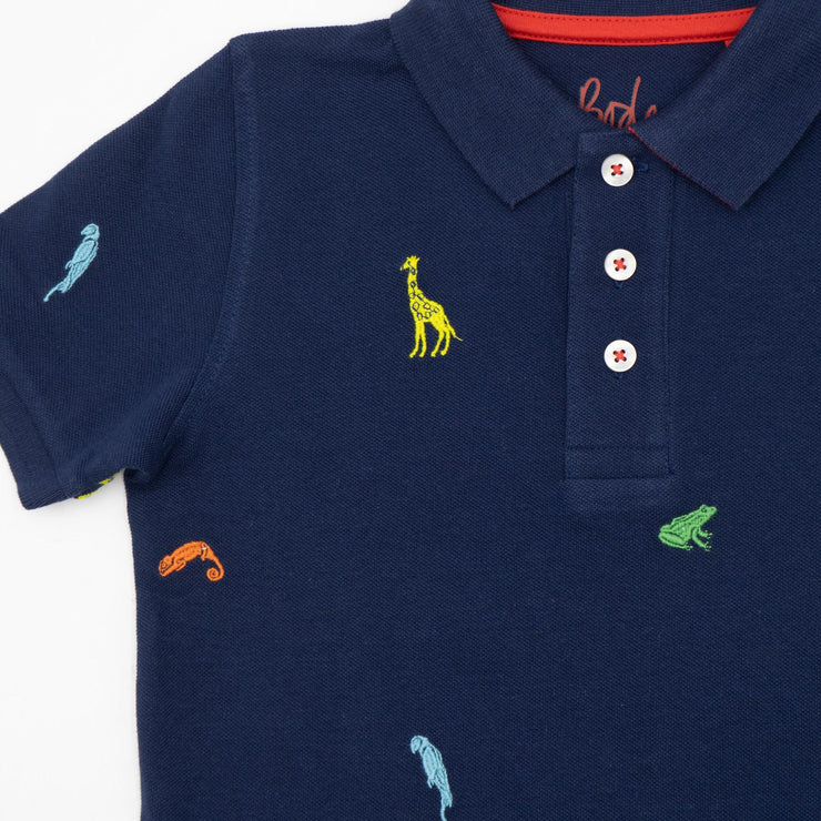 Mini Boden Boys Navy Blue Pique Animal Print Short Sleeve Polo Shirts Button-Up Tops