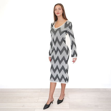 M&S Black White Crochet Chevron Midi Dress-Quality Brands Outlet-