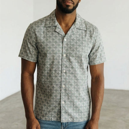 Mens Short Sleeve Shirt Cuban Collar Sage Green Geo Print - Quality Brands Outlet