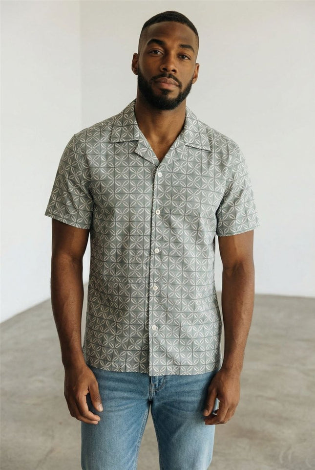 Mens Short Sleeve Shirt Cuban Collar Sage Green Geo Print - Quality Brands Outlet