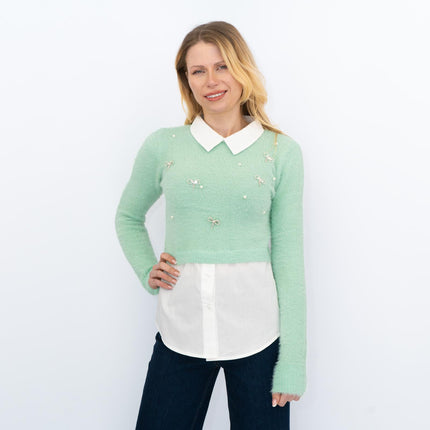 River Island Embellished Fluffy Hybrid Jumper Green Mock Shirt - Quality Brands Outlet