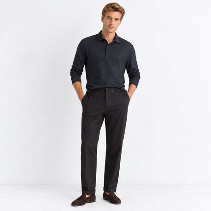 Mens Tops Long Sleeve Pembroke Linen Knitted Polo - Navy