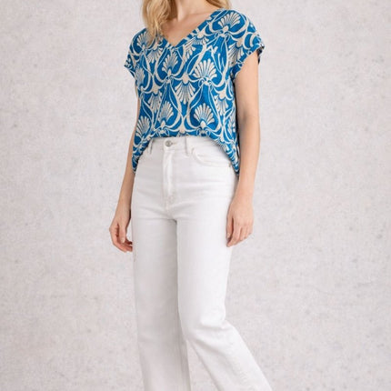 White Stuff Blue Iris Linen T-Shirt Blue V - Neck Short Sleeve Summer - Quality Brands Outlet