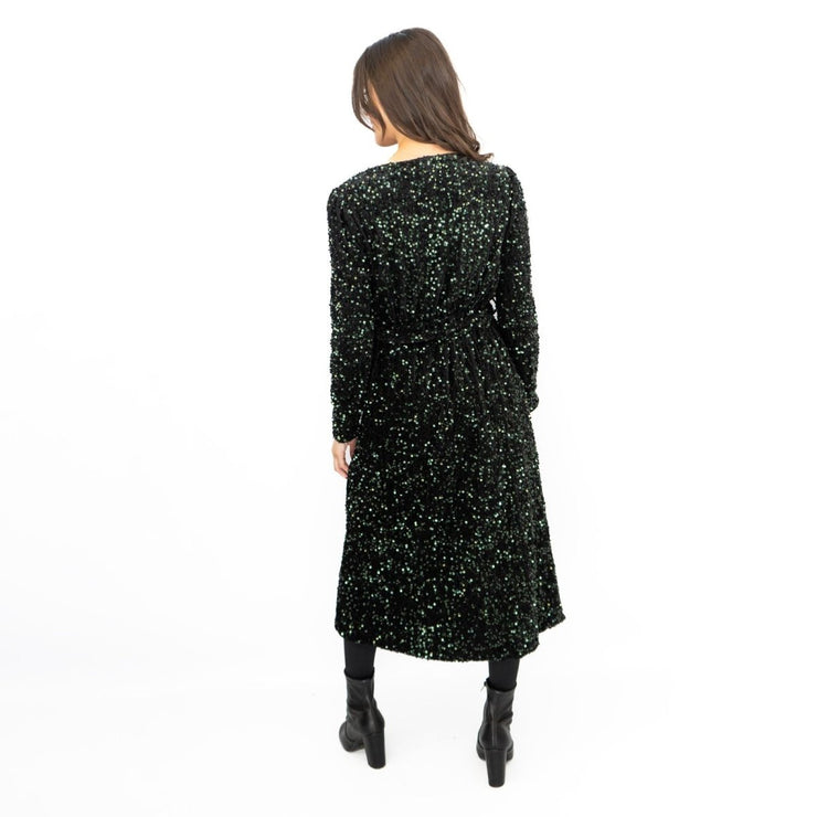 Velvet Sequin Wrap Midi Dress Sparkle Green - Quality Brands Outlet
