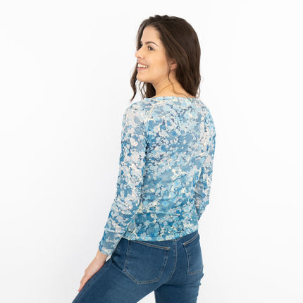 Karen Millen Long Sleeve Boat Neck Blue Abstract Tops-Quality Brands Outlet-