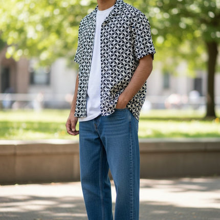 Mens Shirts Short Sleeve Navy Geo Print - Quality Brands Outlet