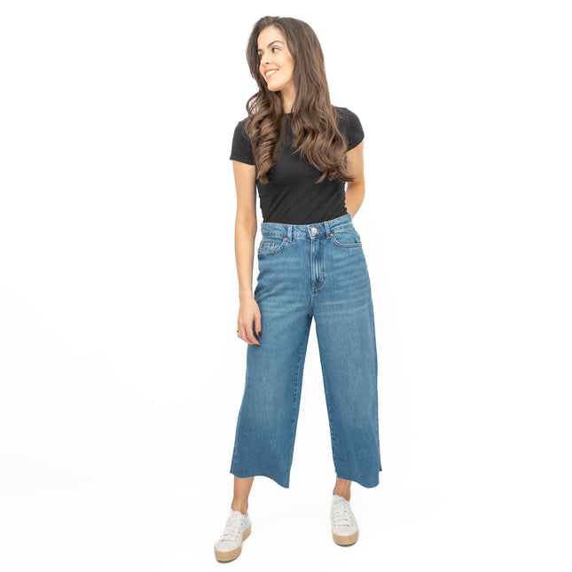 M&S Womens Cropped Jeans Wide Leg High Waist Raw Hem Mid Blue Denim-Quality Brands Outlet-