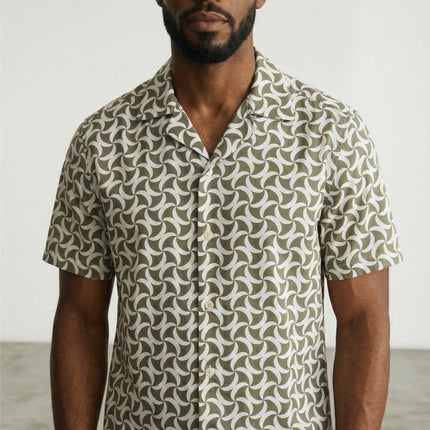Mens Shirts Short Sleeve Olive Green Geo Print - Quality Brands Outlet