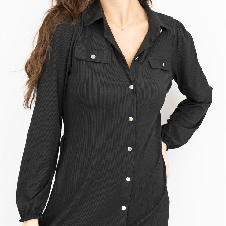 Oasis Ribbed Lightweight Long Sleeve Black Midi Shirt Dress - No Belt