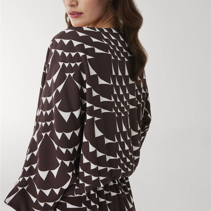 Jasper Conran Beau 3/4 Sleeve Brown Print Boat Neck Relaxed Fit Midi Dresses with Split and Pockets