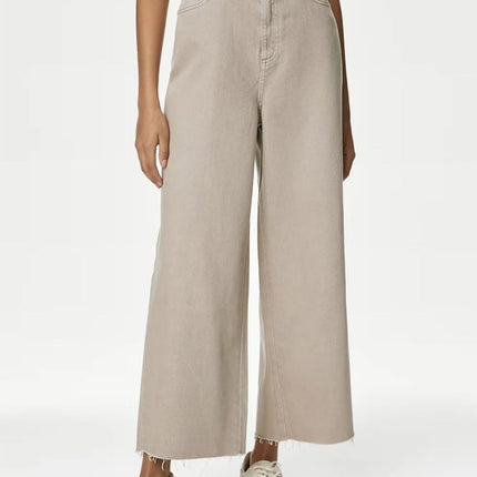 M&S Cropped Jean Wide Leg High Waist Raw Hem Cotton Stone-Quality Brands Outlet-