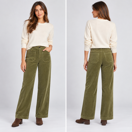 Womens Wide Leg Cord Trousers - Olive Green