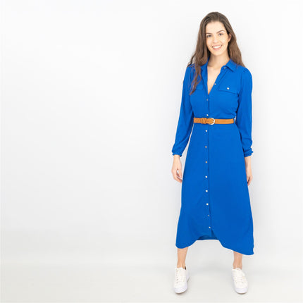 Oasis Ribbed Lightweight Long Sleeve Blue Midi Shirt Dress - No Belt-Quality Brands Outlet-