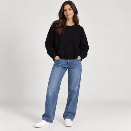 Womens Jumpers Relaxed Fit Crew Neck Knit Tops - Black