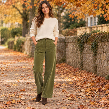 Womens Wide Leg Cord Trousers - Olive Green