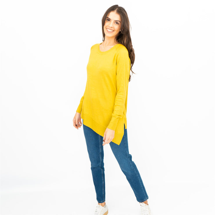 Evans Womens Asymmetric Top Mustard Longline Crew Neck Long Sleeve Relaxed Fit - Quality Brands Outlet