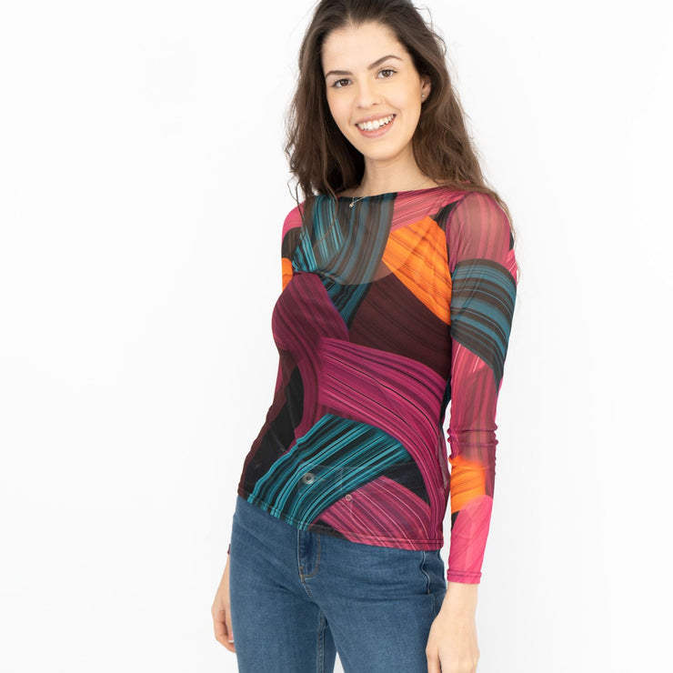 Karen Millen Abstract Purple Long Sleeve Mesh Top - Quality Brands Outlet