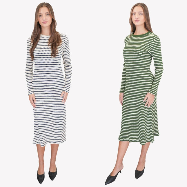 M&S Ecru Cream Striped Midi Dress-Quality Brands Outlet-
