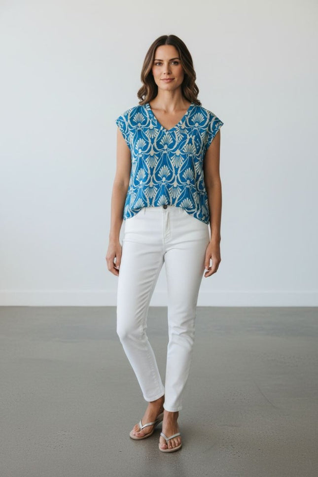 White Stuff Blue Iris Linen T-Shirt Blue V - Neck Short Sleeve Summer - Quality Brands Outlet