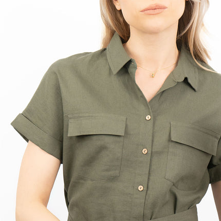 Khaki Green Short Sleeve Longline Shirts Utility Style Women's Tops-Quality Brands Outlet-