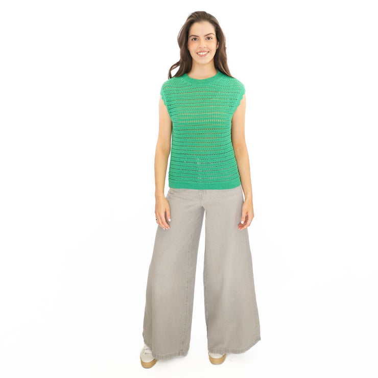 M&S Green Cotton Rich Striped Crochet Top - Quality Brands Outlet