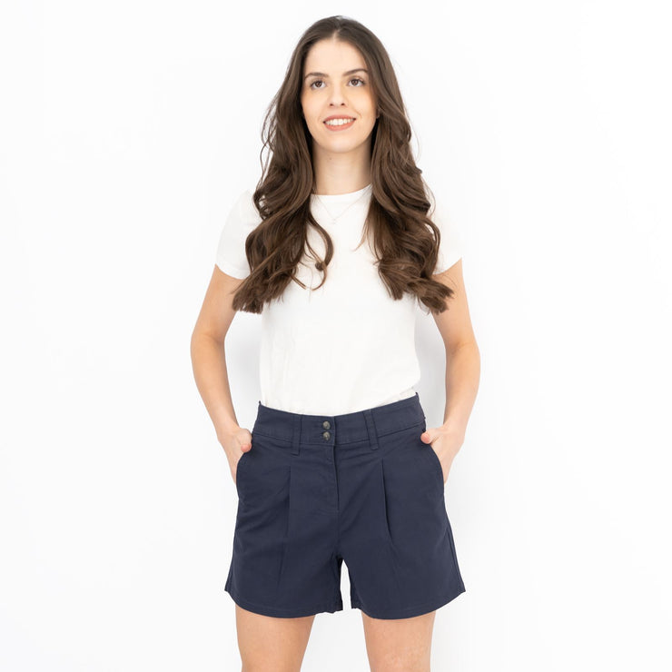 M&S Pleated Chino Shorts Navy Cotton & Elastane