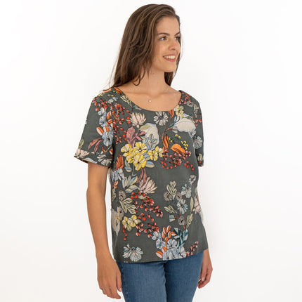 Seasalt Grey Floral Linen Blend Blouse Short Sleeve Tops-Quality Brands Outlet-