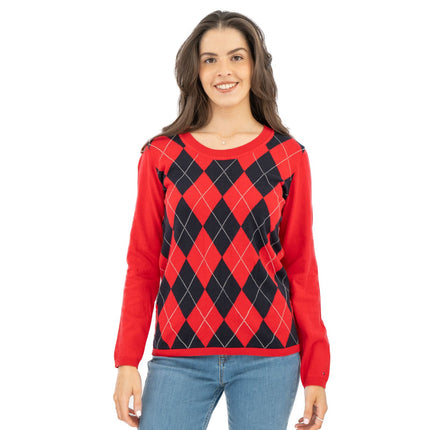 Lucy Argyle Jumper Red Diamond Intarsia Long Sleeve Tops - Quality Brands Outlet