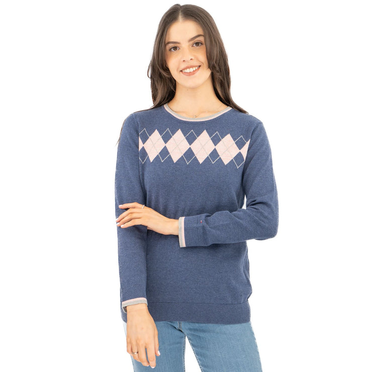 Lucy Argyle Blue Jumper Diamond Intarsia Long Sleeve Tops - Quality Brands Outlet