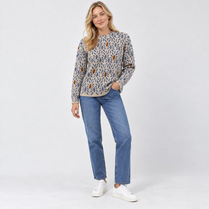 Womens Jumpers Botanical Leaf Print 100% Merino Wool Crew Neck Jumper – Cream Blue Brown-Quality Brands Outlet-