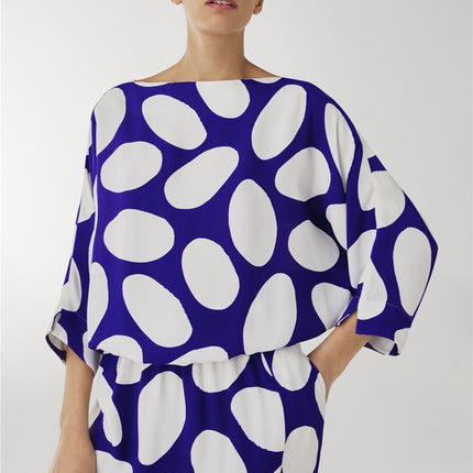 Jasper Conran Beau 3/4 Sleeve Blue Print Boat Neck Relaxed Fit Midi Dresses with Split and Pockets