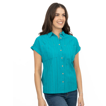White Stuff Ellie Turquoise Cotton Broderie Short Sleeve Top-Quality Brands Outlet-