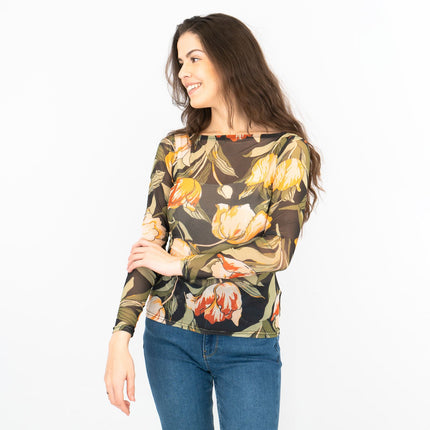 Karen Millen Floral Tulip Mesh Top Womens Long Sleeve Round Neck-Quality Brands Outlet-