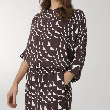 Jasper Conran Beau 3/4 Sleeve Brown Print Boat Neck Relaxed Fit Midi Dresses with Split and Pockets