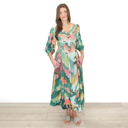 White Stuff Dress Lucy Midi Dress V - Neck Green Multi Floral V - Neck Midi - Quality Brands Outlet