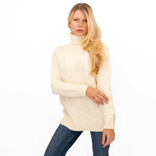 M&S Womens Ivory Cable Knit Roll Neck Longline Jumper-Quality Brands Outlet-